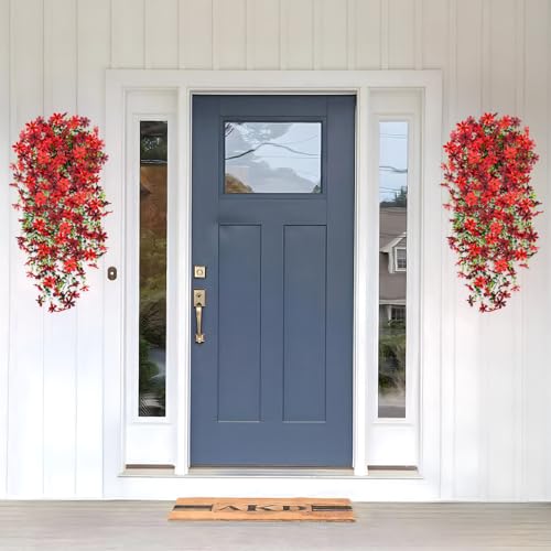 Hrobek 2 PCS Artificial Hanging Flowers Outdoor Spring Summer Decoration, Fake Hanging Vine Plants UV Resistant, Faux Daisy Flower Eucalyptus for Outside Home Indoor Porch - color: B-red Brown