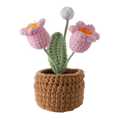 Handmade Crochet Flowers, 5 Inches Small Potted Plants, Knitted Canterbury Bells Desk Decorations for Home Office Decor (Two Heads) - color: 3：canterbury Bells