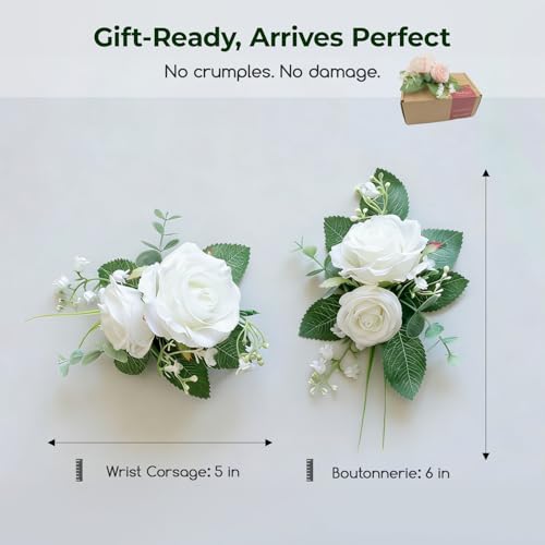 Elegant Corsage and Boutonniere Set, Artificial Rose Wrist Corsage with Pearl Bracelet & Men's Lapel Pin, Matching Faux Flowers for Prom, Homecoming, Wedding, Bride and Groom - color: White