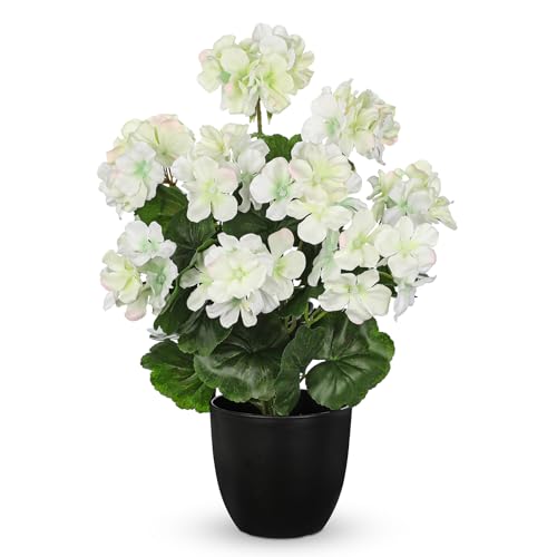 Briful 17” Geraniums Artificial Flowers Realistic Potted Plant – White Fake Geraniums for Outdoors, Silk Flowers Artificial Outdoor Plants for Indoor Home Decor, Farmhouse Table Centerpiece Decoration - color: 16.9'' Tall White