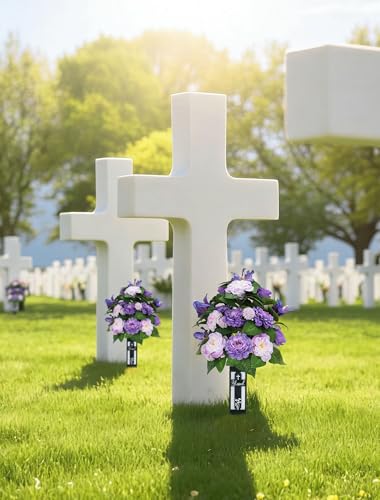 Silk Grave Flowers for Cemetery: 2 Pcs Purple Cemetery Flowers Grave Decorations Spring Easter Mothers Memorial Day - Outdoor Artificial Camellia Bouquets with Vases for Graveside - color: Purple & Lilac
