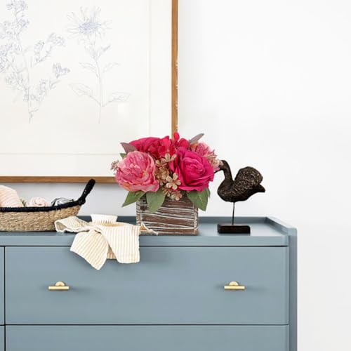 Flower Arrangement with Wooden Vase 8" Artificial Flowers in Pot - Fake Flowers Roses Peonies Hydrangeas in Wooden Vase Potted Artificial Flower Centerpieces for Table Decor Living Room - Hot Pink - color: 8"h Hot Pink