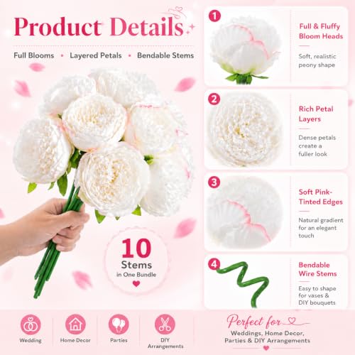 10PCS Pink Realistic Silk Peonies Bouquet, Waterproof & UV Resistant Faux Peony Flowers, All-Weather Artificial Stems for Outdoor, Grave, Wedding Centerpiece & Home Decor - color: Pink