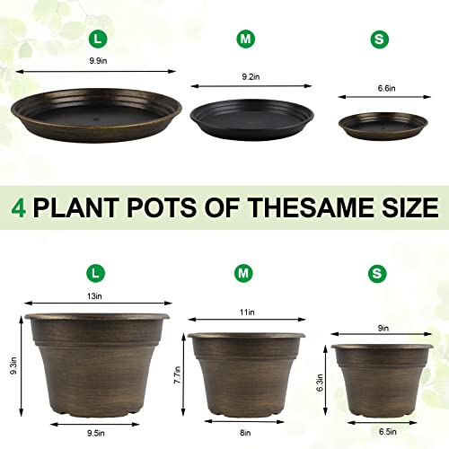 Plant Planters Pots Set of 4 Pack 11 Inch, Plastic Flower Pot For Indoor Plants With Drainage Holes & Trays, Resin Decorative Container Sets With Saucer For House Outdoor Garden Planters Dark Gold - color: Gold, size: 11 inch-4 pack