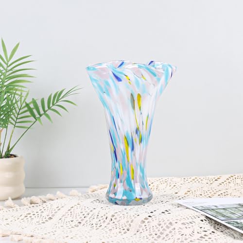 9.0" H Blue Glass Vases for Flowers, Unique Hand Blown Glass Vase Blue Home Decor, Wide Mouth Colorful Flower Vase Centerpieces, for Living Room Table Bookshelf, Bathroom Office Shelf Decorative - color: Multicolor Blue