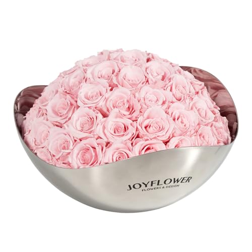 JoyFlower Preserved Flowers Decor, Eternal Roses in Stainless Steel Bowl Decors for Table Centerpiece, Forever Flowers Decorations for Home Living Room Bedroom Coffee Shop House Office(Small, Pink) - color: Pink, size: Small