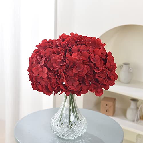 10PCS Silk Hydrangea Heads with Stems Artificial Flowers for Wedding Party Home Decor (Red) - color: Red