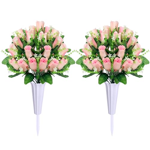 Artificial Cemetery Flowers for Grave,2Pack Memorial Roses Bouquets with Vase for Grave Tombstone Decorations(Pink) - color: Pink