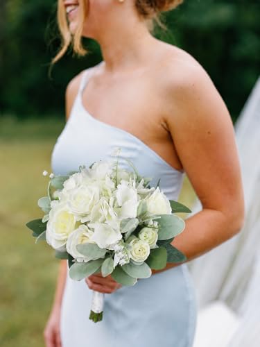 Rinlong White Green Bridesmaid Bouquet for Wedding, Prom, Homecoming | Silk Bridal Bouquet, Destination Friendly - color: 12-white Hydrangea