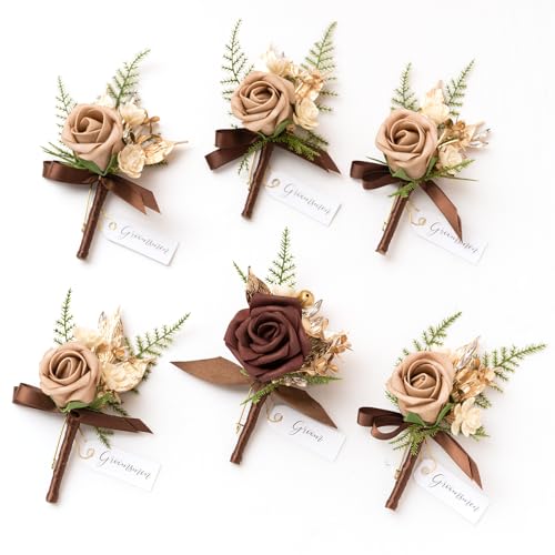 Ling's moment Boutonniere for Men, 6pcs Groom Groomsmen Boutonniere, Artificial Flowers for Wedding Decor/Prom/Homecoming, etc.Walnut Brown - color: Brn-walnut Brown