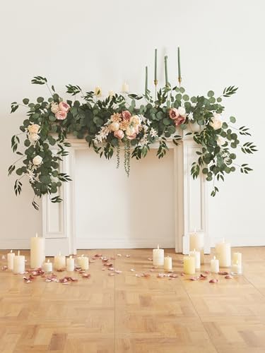 MISSPIN 8FT Eucalyptus and Willow Leaf Garland with Artificial Flowers Fake Flower Peony Rose Vine Greenery Decorative Wall Hanging Plant for Spring Wedding Arch Door Arrangement Party Decor - color: Champagne