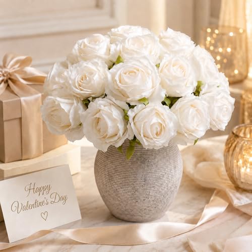 Ivydale 18pcs White Roses Artificial Flowers, Fake Roses Silk Flowers with Stems Realistic Bouquet for Wedding Party Mother's Day DIY Centerpiece Floral Romantic Gifts - color: Rose-white