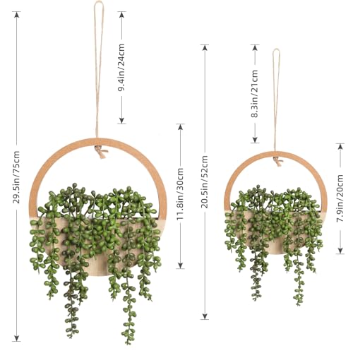 Floweroyal 2pcs Artificial Succulents Hanging Plants 20.1'' Fake String of Pearls in Pot with 9.4'' Lanyard for Indoor Outdoor Wall Decor（Wood Color） - color: Wood Color-large-2pcs