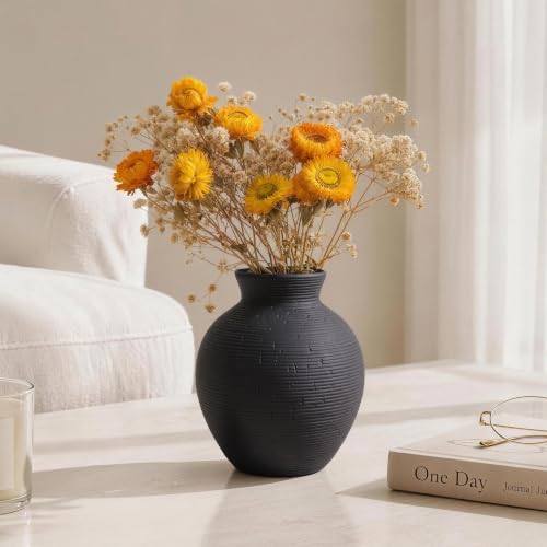 Ceramic Flower Vase Home Decor, 6 in Farmhouse Table Black Vases Rustic Vintage Living Room Kitchen Bedroom Decorations Pottery Decorative Vase for House Book Shelf Office Coffee Desk Dining Fireplace - color: 6 in - Black