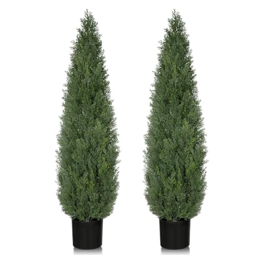 Artificial Cedar Trees for Outdoor 4 FT, 2 Set Outdoor Faux Cedar Bushes Topiary UV Protection and Lush Fake Cypress Shrubs for Front Door Porch Patio Garden Balcony Fence Outside Decoration - color: Deep Green, size: 4 FT