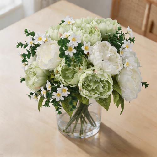 Mixed Peonies Artificial Flowers in Glass Vase, Silk Faux Peony Bouquet with Faux Water, Lifelike Fake Flower Arrangement for Home Decor, Wedding Bouquet, Table Centerpiece, Living Room Office - color: Green