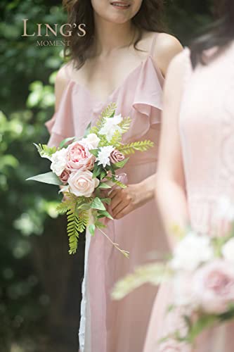Ling's moment Artificial Bridesmaid Bouquets Set of 6,Dusty Rose Wedding Flower Bouquets Pink Floral Bouquet Bridal Bouquets with Ribbon,Ceremony,Anniversary,7-inch Diameter - color: Pk-dusty Rose & Cream