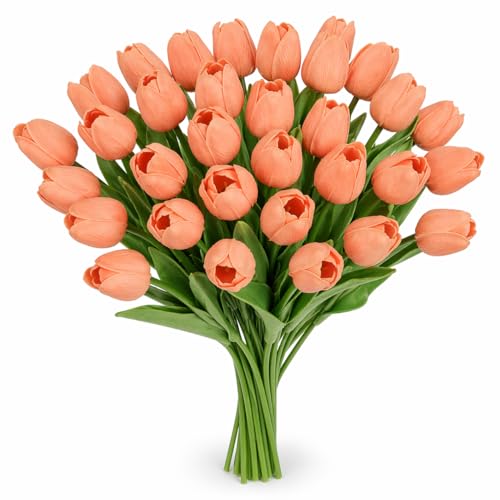 MACTING 30PCS Artificial Tulip Flowers 13.7" Real Touch Fake Tulips Faux Flowers for Floral Arrangements Table Centerpieces Kitchen Dining Room Mothers Day Summer Decorations,Light Orange - color: Light Orange