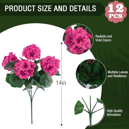 Hananona 12 Pcs Artificial Geranium Flowers for Outdoors Geranium Silk Flowers Outdoor UV Resistant Garden Plants Faux Flowers for Home Kitchen Table Centerpieces Decor (12, Rose Red) - color: Rose Red