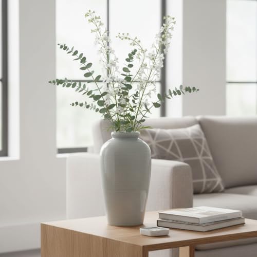 Large Modern Farmhouse Vase for Centerpieces, 11 Inch Tall Ceramic Vase - Glazed Textured Pottery Vases Home Decor, Side Table, Kitchen, Living Room Decor, Entryway, Mantel Decorations - color: Light Gray