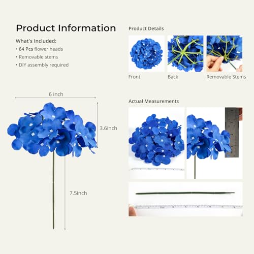 Auihiay 64PCS Royal Blue Hydrangea Artificial Flowers, Silk Hydrangea Heads with Stems, Fake Flowers for DIY Wedding Centerpiece, Home, Party, Baby Shower, Garden Decoration - color: Royal Blue