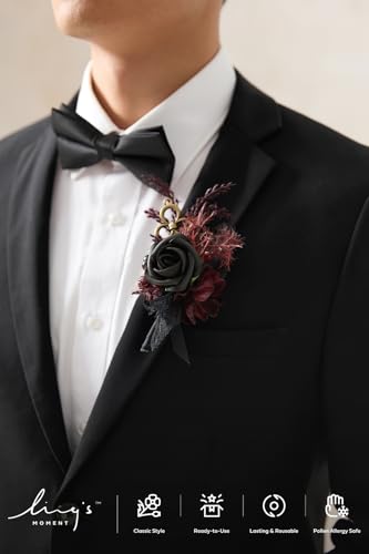 Ling's Moment Boutonniere for Men Wedding,Set of 6 , Groom and Groomsmen Boutonniere for Wedding Homecoming Halloween Ceremony Anniversary, Dinner Party, Prom Flowers and Fall Vintage Wedding - color: Blk-black & Gothic Burgundy
