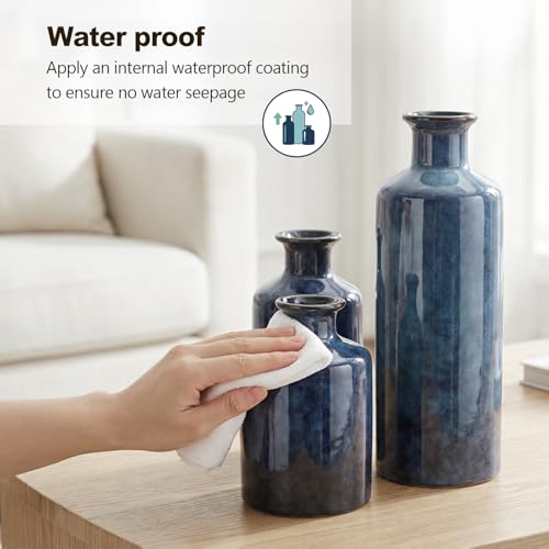 Blue Ceramic Vase Set - 3 Blue Small Vases, Farmhouse Country Flower Vase Home Decor, Living Room Decoration, Table Decoration, Fireplace Decor, and Entrance Decorations Centerpieces - color: Blue