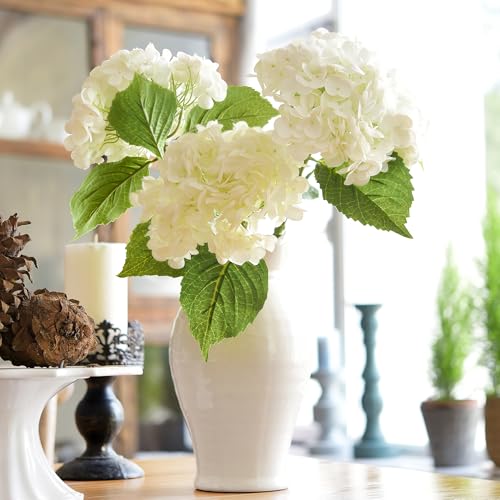 FiveSeasonStuff Snowy White Real Touch Hydrangea Flowers – 3 Large Stems Artificial Hydrangeas for Wedding Bouquets, Centerpieces & Home Table Decor – Gift Box Included - color: Snowy White Bloom (3 Stems)