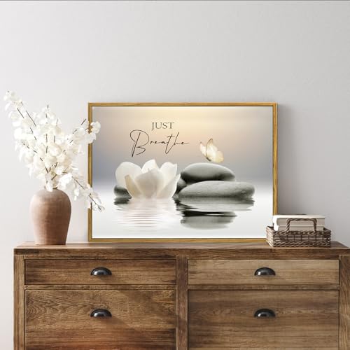 LB Spa Zen Wall Art for Bathroom Water Lily Flower and Butterfly Canvas Wall Art Wall Paintings Home Decor Inspirational Quotes Wall Pictures for Living Room Bedroom Office Ready To Hang,17x12 Inch - color: Beige, size: 12"L x 17"W