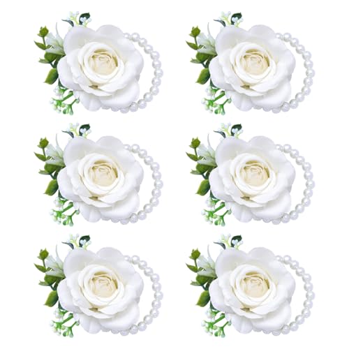 Ivory Rose Wrist Corsage Wristlet Band Bracelet for Women Set of 6 Wedding Bride Bridesmaid Wrist Corsage Artificial Flowers for Wedding Ceremony Anniversary Prom Flowers Formal Dinner Party(6, White)