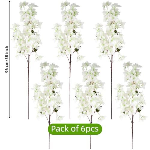 6 PCS Silk Bougainvillea Artificial Flowers，UV Resistant, 36 Branches, Long Stems Faux Flower, Realistic Fake Bougainvillea Vines, for Wedding Porch Home Party Garden DIY Decor - 38 inch (White) - color: 38inch White, size: 38 inches