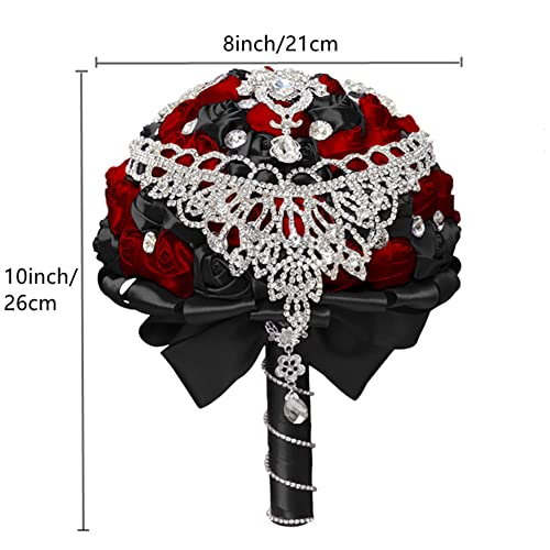 XINNI Brooch Bridal Wedding Bouquet Bride Bridesmaids Satin Rose Flower Bouquet with Bling Drop-Shaped Rhinestone for Wedding Red and Black - color: Red+black