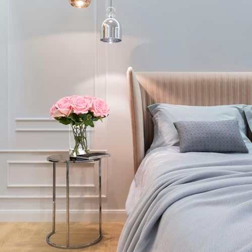 BLEUM CADE Luxury PU Fake Flowers in Vase with Faux Water, Pink Real Touch Roses Artificial Flowers with Glass Vase for Office Home Dining Room Centerpiece Table Decorations - color: Rose-pink