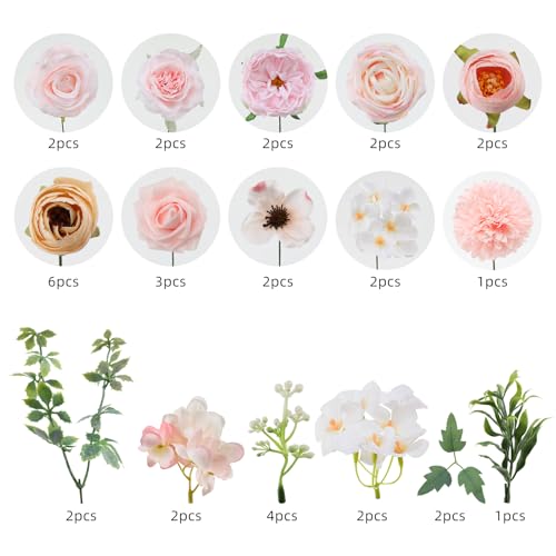 Kisflower Pink Artificial Flowers Combo Cake Flowers Decorations Fake Peony Silk Roses Gift Box for DIY Wedding Bridal Bouquet Centerpieces Arrangements Party Baby Shower Holiday Decor (Pale Pink) - color: Pale Pink