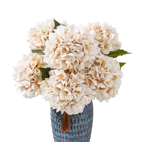 6PCS 21 Inch Lifelike Artificial Silk Hydrangea Flowers, Large Fake Hydrangea Flowers Bouquet with Stems, Full Faux Hydrangea for Home Decor Wedding Table Party Office Decor(Off White) - color: Off White