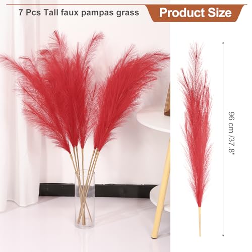 PATIKIL 37.8in Tall Pampas Grass Decor, 7pcs Large Artificial Pampas Grass Bulk Long Fluffy Faux Pampas Grass Dried for Home Boho Decor Vase Wedding Wall Ground, Red - color: Red