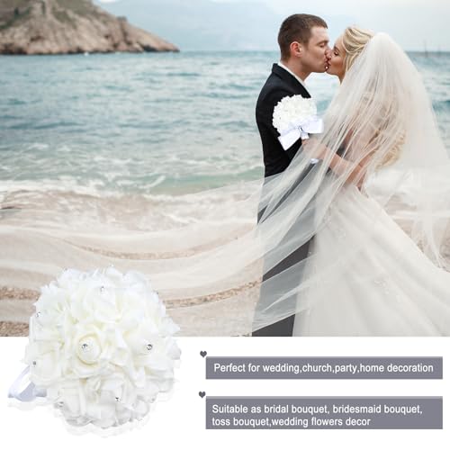 Wedding Bouquet Crystal Roses Bridesmaid Bouquet, Bridal Bouquet Artificial Flowers for Wedding, Party and Church (White) - color: White-