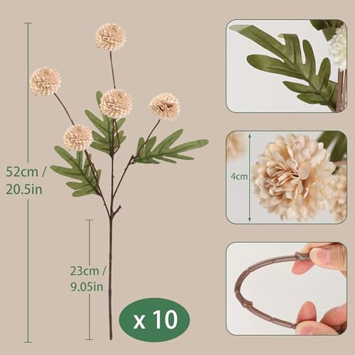 HNVNER Faux Flowers for Vase 10PCS, Beige Long Stem Artificial Flowers Indoor Silk Pompon Mum, Realistic Fake Filler Stem for Tall Vase, Farmhouse Home Decoration Table Centerpieces - color: Beige