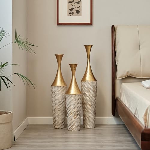 Floor Vases, Tall Home Decor Metal Vase Set of 3 Large Glazed Decorative Vases for Wedding Decor, Elegant Modern Flower Holder for Living Room, Entryway, Hallway - color: Lattice White Gold
