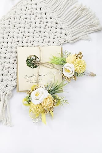 Ansofi Yellow Corsage and Boutonniere Set Artificial Rose Flower Wrist Corsage and Boutineers for Groom Groomsmen Bride Bridesmaids Prom Rustic Vintage Wedding Decor - color: Yellow