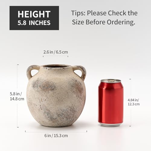 PORCER Antique Ceramic Vase, 5.8 Inch Terracotta Vase with Handles, Decorative Rustic Vase for Home Decor, Farmhouse, Living Room, Table, Bedroom, Entrance, Office - Gray - color: Gray-5.8''