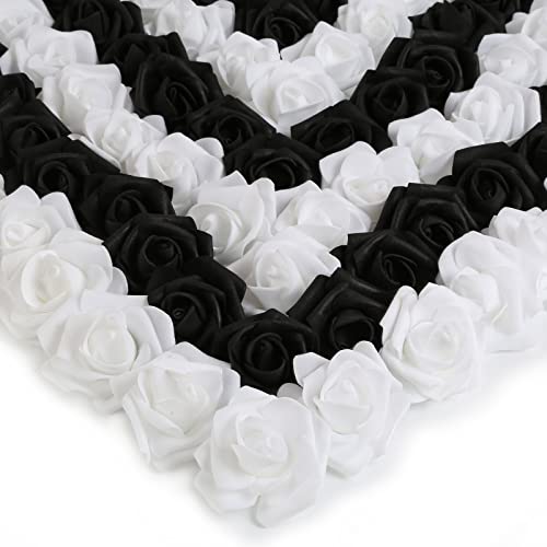 Rose Flower Heads,200Pcs Foam Flowers 1.97in Foam Roses Black and White Fake Flower Heads for DIY Wedding Centerpieces Arrangements Home Decorations(Black and White) - color: Black&white