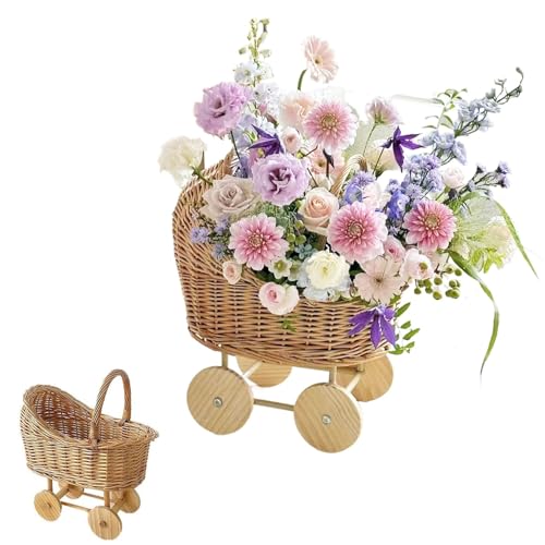 Woven Flower Basket Flower Girl Basket Wicker Basket Stroller Shaped Rattan Flower Basket with Handle Wood Baskets Woven Hand-Held Wicker Cachepot Storage Basket with Handle Wedding Home Decor