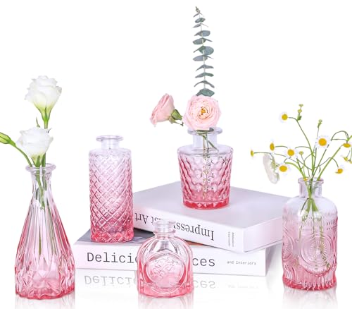UPBUD Pink Glass Bud Vases Set of 5, Mini Flower Vase for Centerpieces, Small Clear Vases in Bulk for Wedding Decorations, Vintage Vase for Table, Home Décor - color: Standard-pink, size: 5pcs