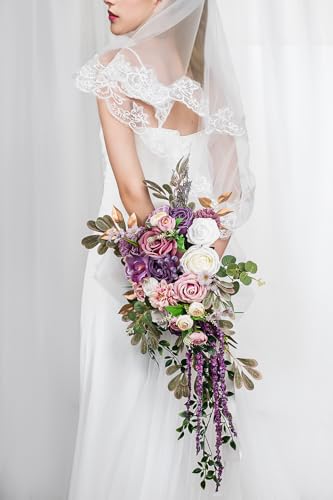Lisuun Wedding Bouquets for Bride, 16 Inches Wedding Flower Bouquet, Silk Round Bridal Bouquet for Wedding, Ceremony, Anniversary - color: White&purple