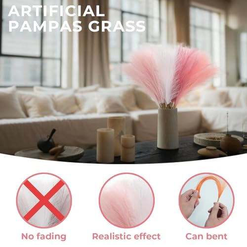 45pcs Artificial Pampas Grass 21.6" Faux Dried Flowers Pompas Grass Bouquet Flower Arrangement and Vase Filler for Gothic Room Decoration Wedding Party Boho Home Decor（Rose Red& White &Pink） - color: Rose Red& White &Pink