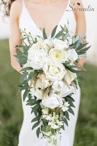 Serwalin 11 Inch Wedding Bouquets for Bride Bridesmaid, Natural Whites Rose Bridal Bouquets for Bride, Wedding Flowers Bouquet Tossing Bouquet, Wedding Ceremony and Anniversary Decor - color: A Natural White
