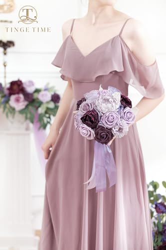 TINGE TIME 7 Inch Artificial Flowers Wedding Bouquets for Bridesmaid, Set of 4, Lavender Bride Tossing Bouquet for Wedding Ceremony Festivals Bridal Shower Rehearsal Dinner Vintage Party - color: Lavender & Plum