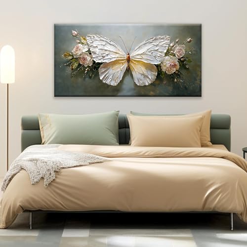 Modern Abstract Wall Art White Simple Butterfly And Rose Wall Art Decor Canvas Art Wall Decor For Bedroom Living Room Kitchen Bathroom Office 24x48 Inch Home Wall Decor - color: White, size: 48"L x 24"W