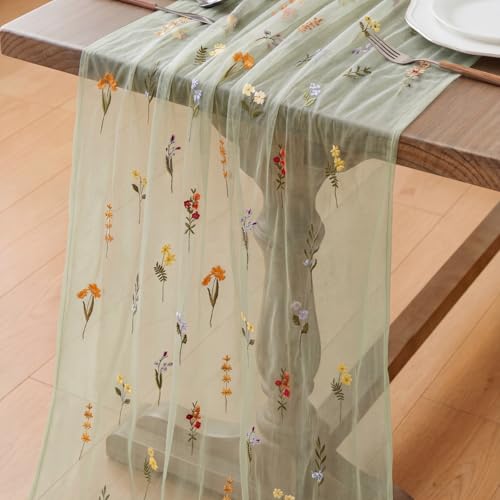 Boao 1 Pcs Wildflower Table Runner Embroidery Tulle Spring Summer Table Runner 120 Inch 10 ft Kitchen Dining Decoration for Wedding Baby Shower Bridal Shower Home Decor Birthday Party (Sage Green) - color: Sage Green, size: Wildflower